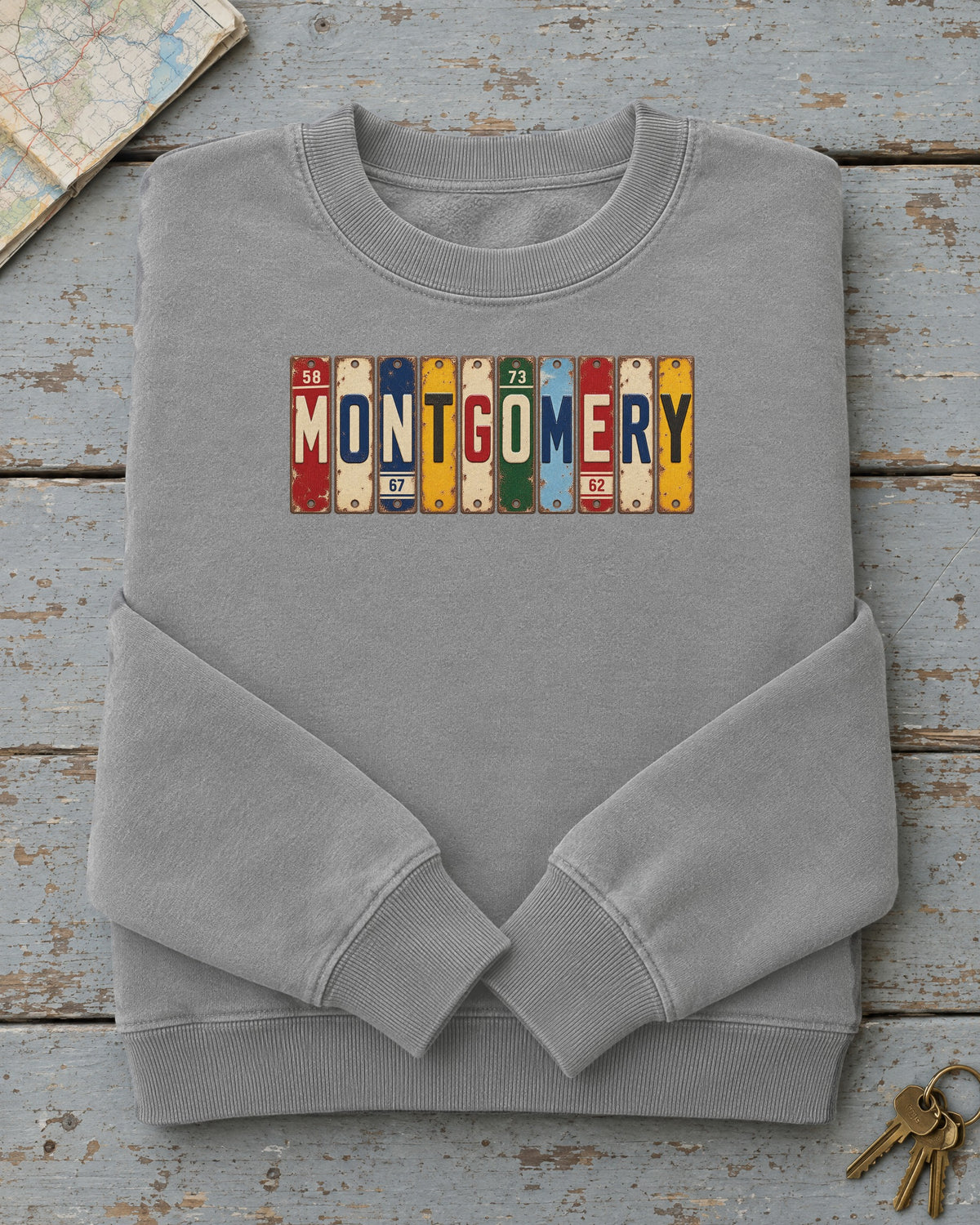 Montgomery, Alabama vintage license plate sweatshirt in Grey