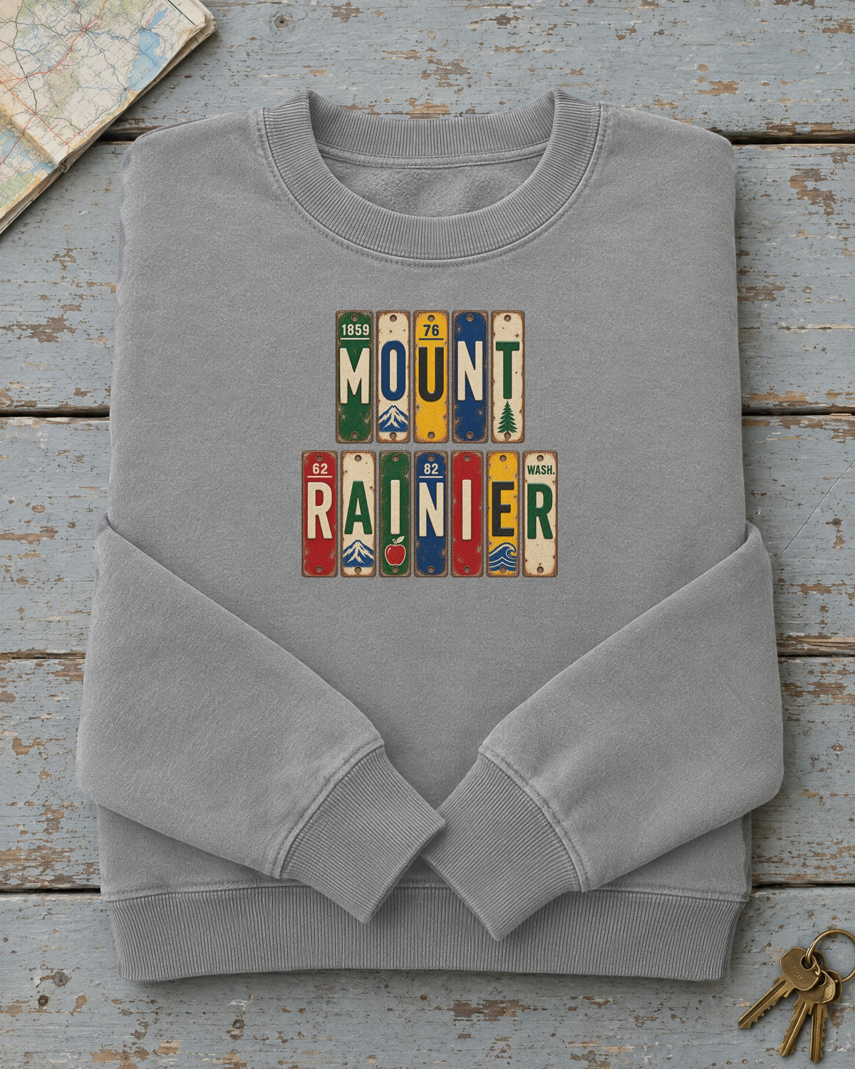 Mount Rainier, Washington vintage license plate sweatshirt in Grey