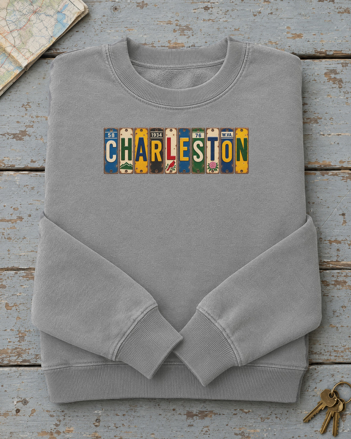 Charleston, West Virginia vintage license plate sweatshirt in Grey