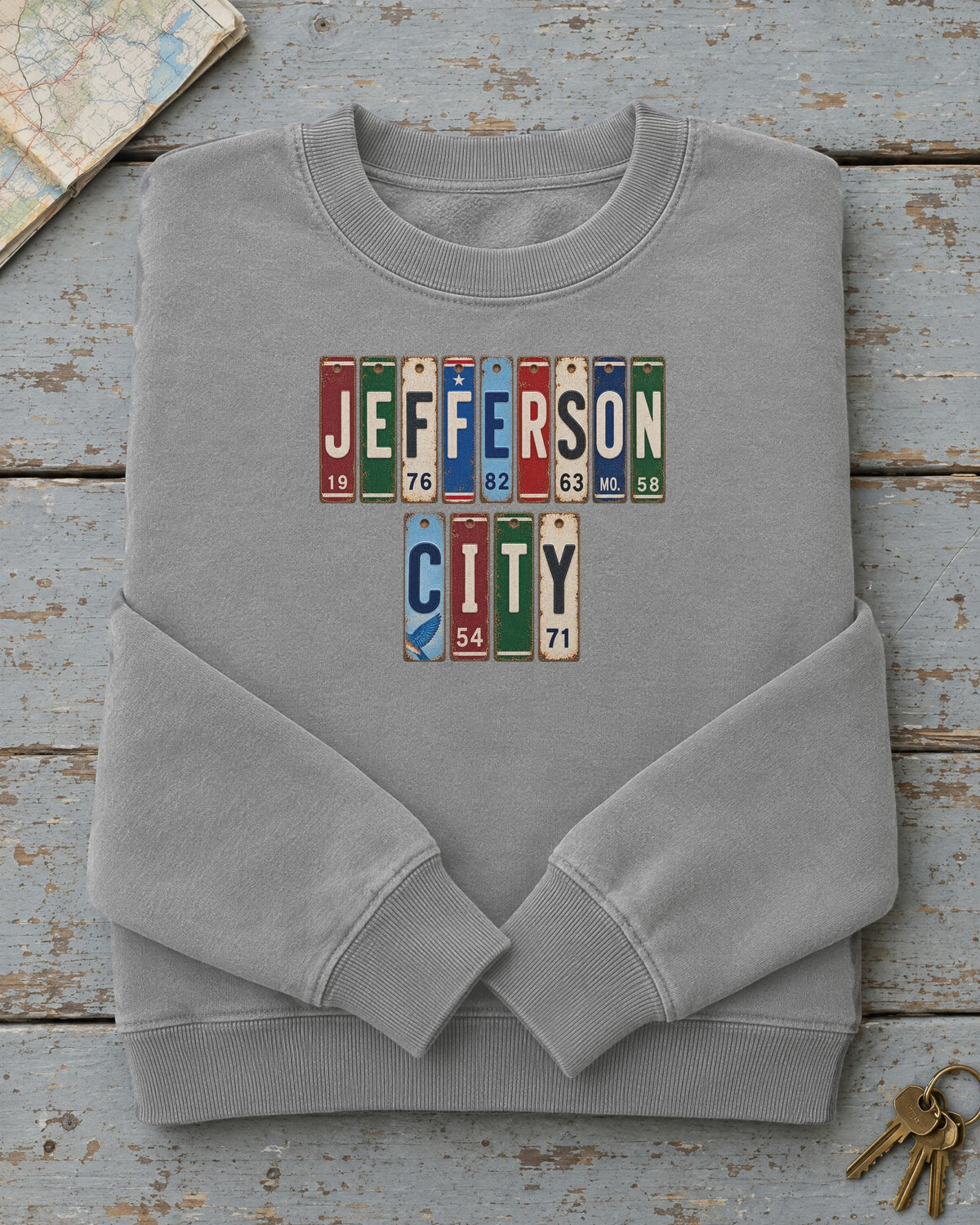Jefferson City, Missouri vintage license plate sweatshirt in Grey
