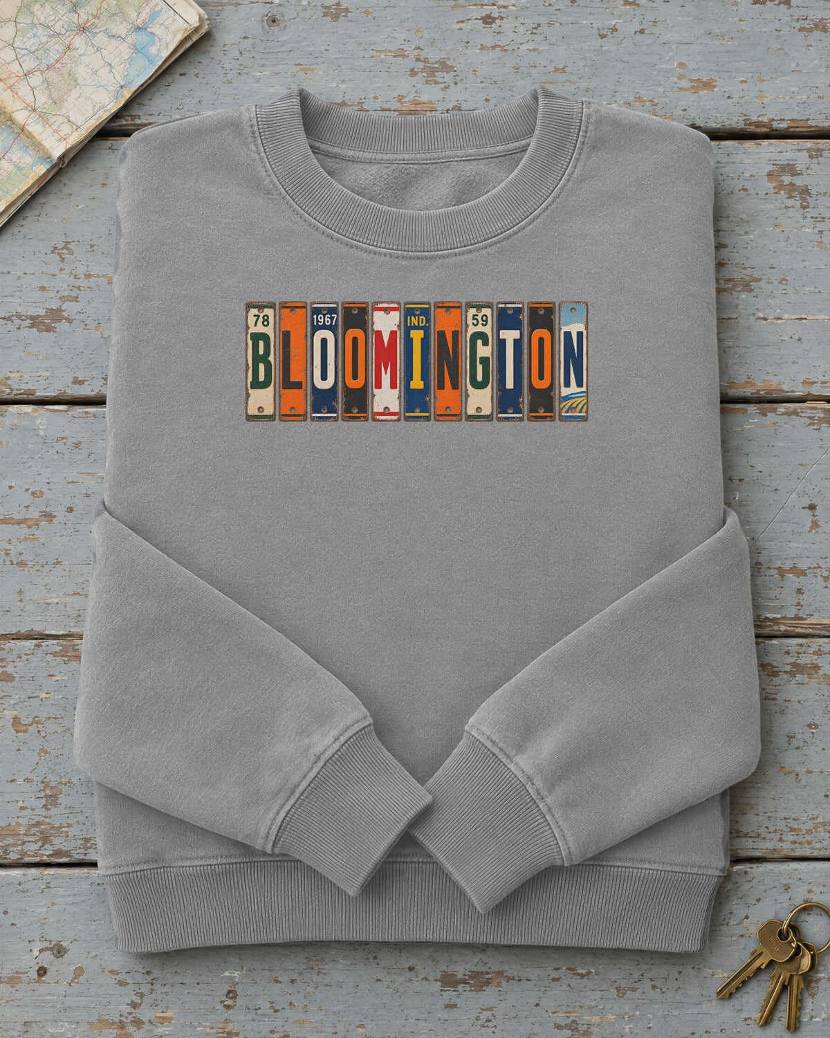 Bloomington, Indiana vintage license plate sweatshirt in Grey