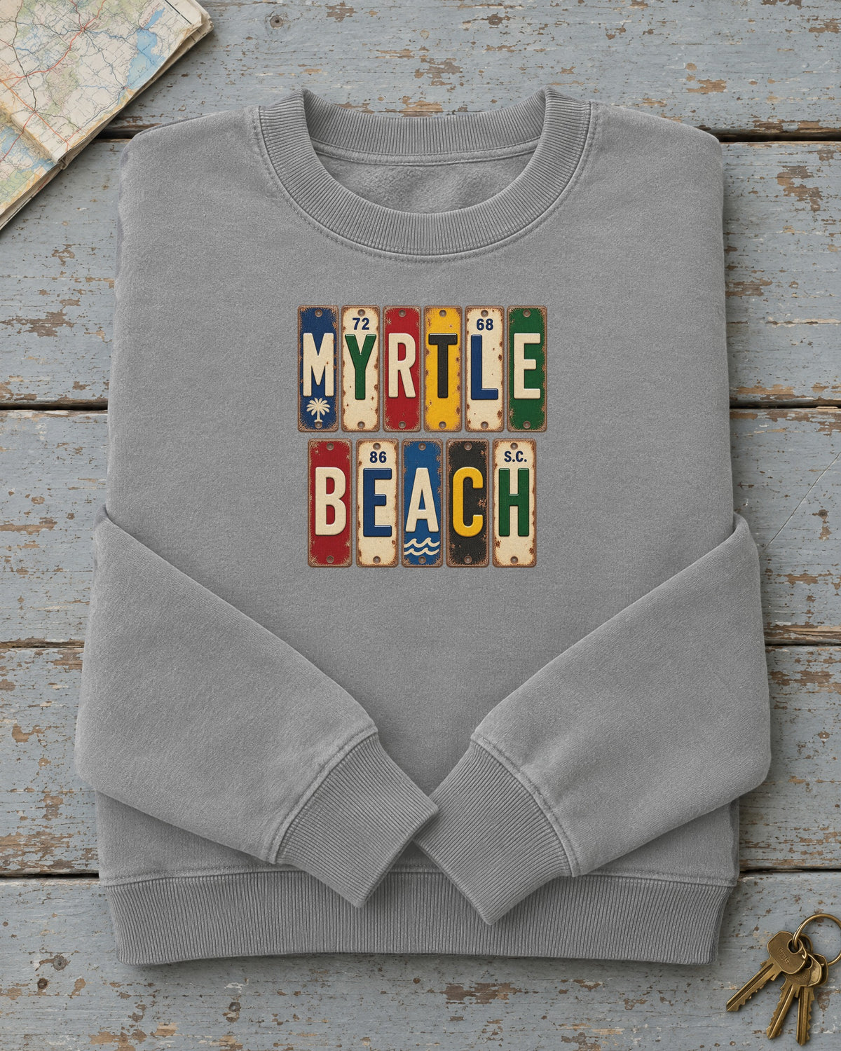Myrtle Beach, South Carolina vintage license plate sweatshirt in Grey