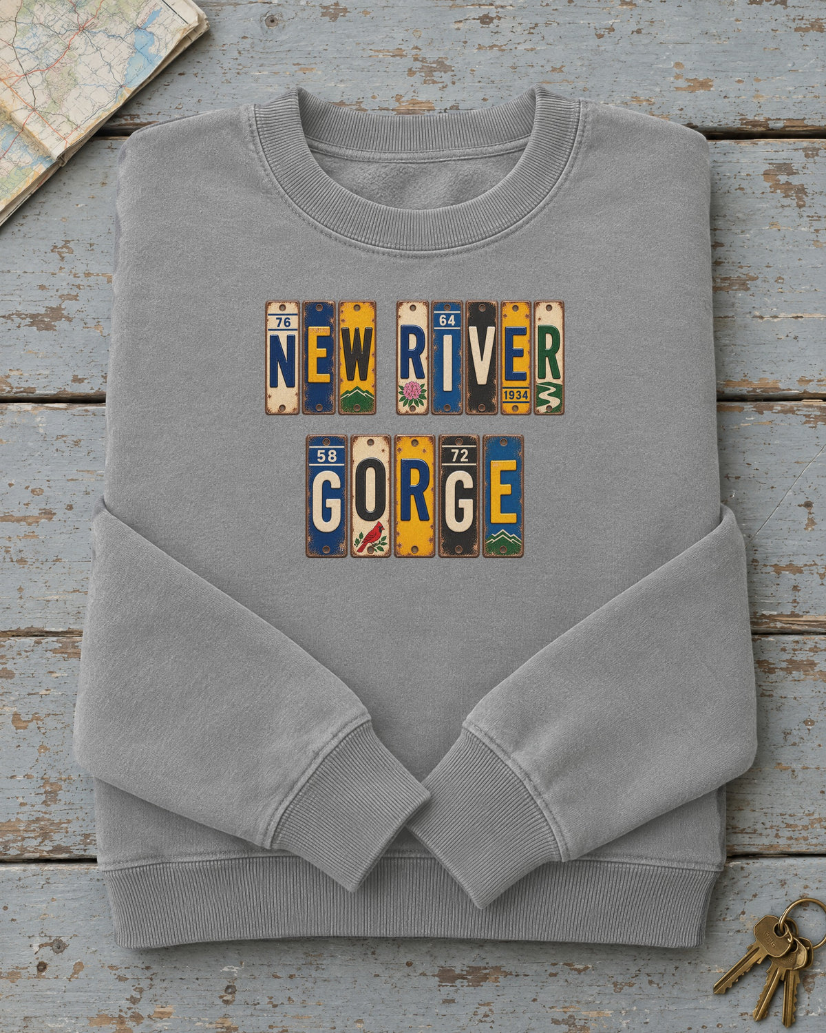 New River Gorge, West Virginia vintage license plate sweatshirt in Grey