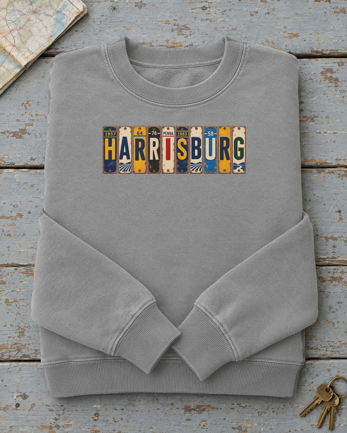 Harrisburg, Pennsylvania vintage license plate sweatshirt in Grey