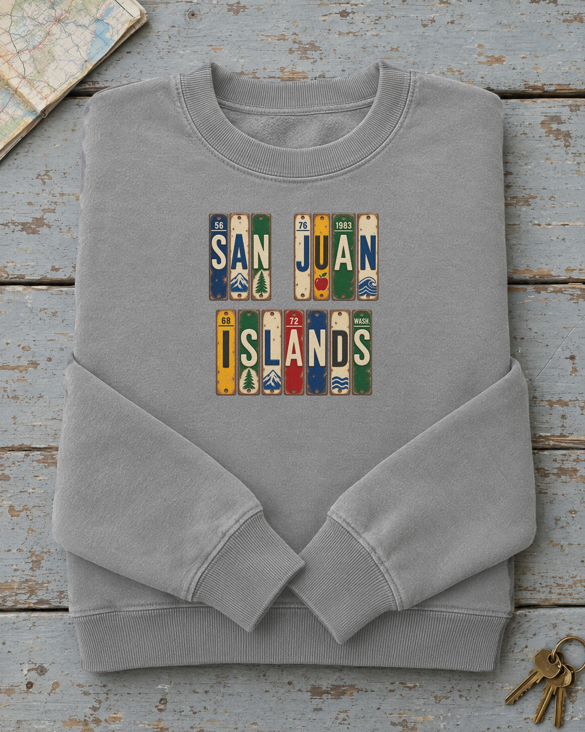 San Juan Islands, Washington vintage license plate sweatshirt in Grey