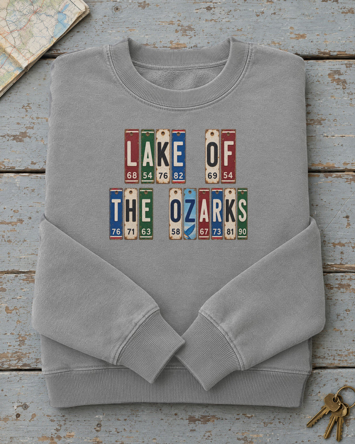 Lake of the Ozarks, Missouri vintage license plate sweatshirt in Grey
