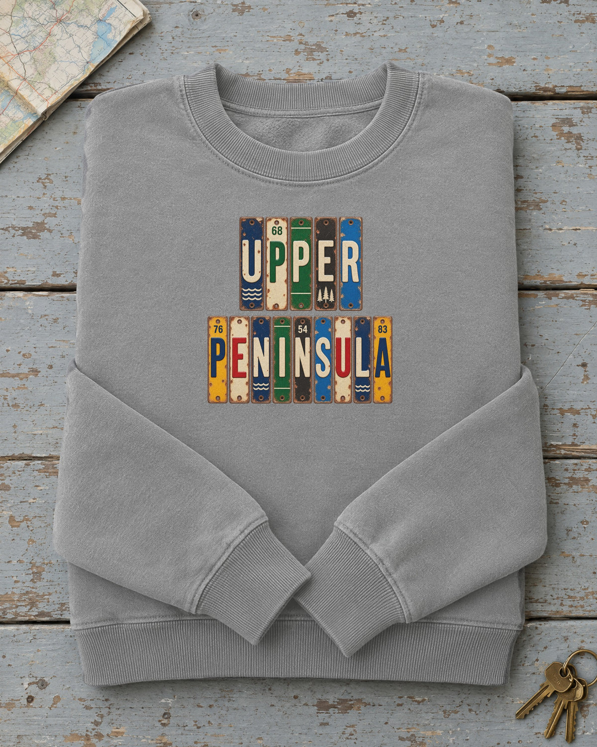 Upper Peninsula, Michigan vintage license plate sweatshirt in Grey