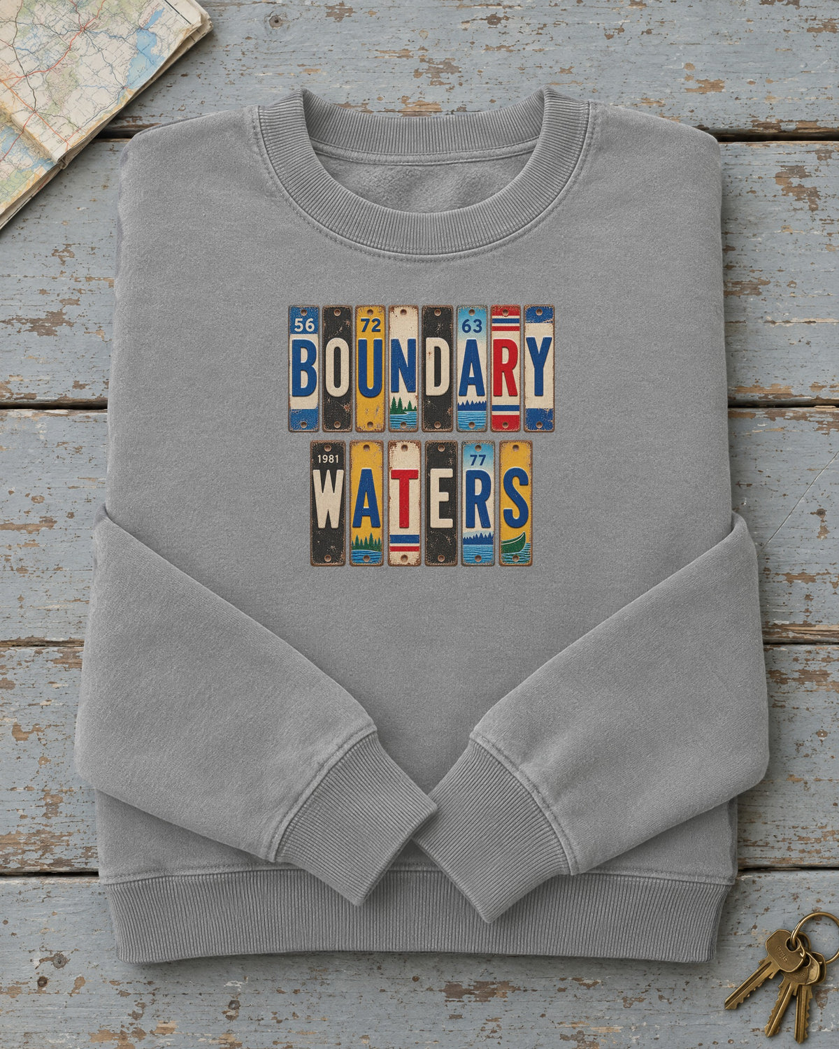 Boundary Waters, Minnesota vintage license plate sweatshirt in Grey