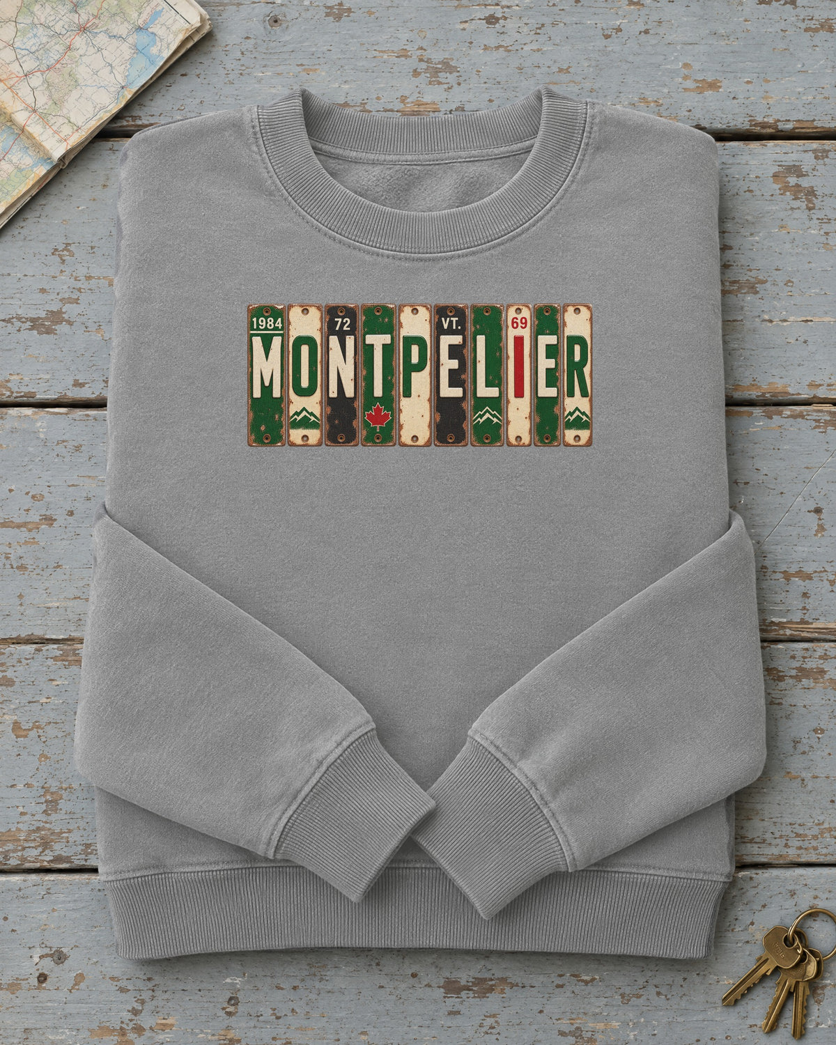 Montpelier, Vermont vintage license plate sweatshirt in Grey
