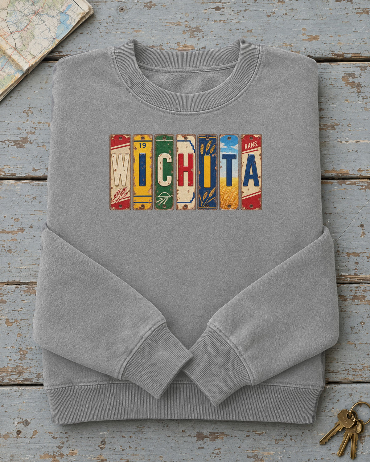Wichita, Kansas vintage license plate sweatshirt in Grey