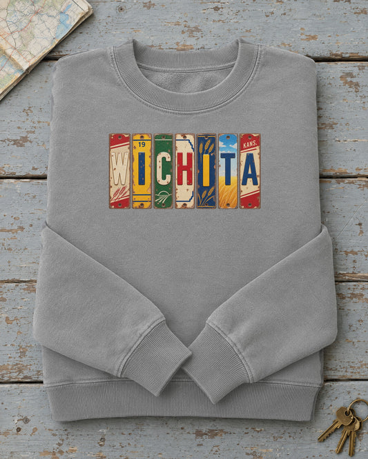 Wichita, Kansas vintage license plate sweatshirt in Grey