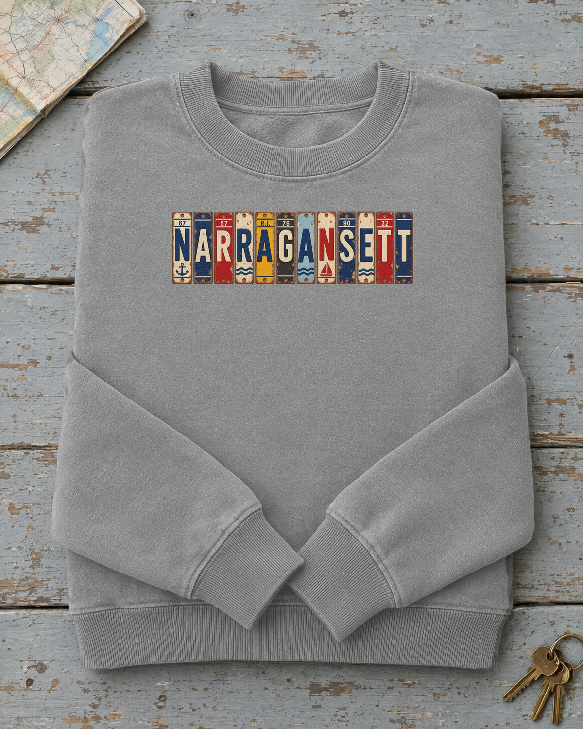 Narragansett, Rhode Island vintage license plate sweatshirt in Grey