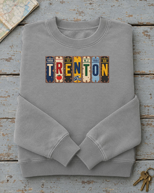Trenton, New Jersey vintage license plate sweatshirt in Grey