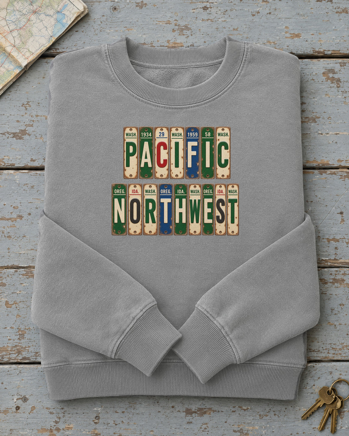 Pacific Northwest vintage license plate sweatshirt in Grey