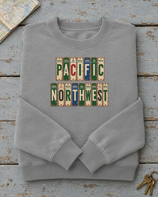 Pacific Northwest vintage license plate sweatshirt in Grey