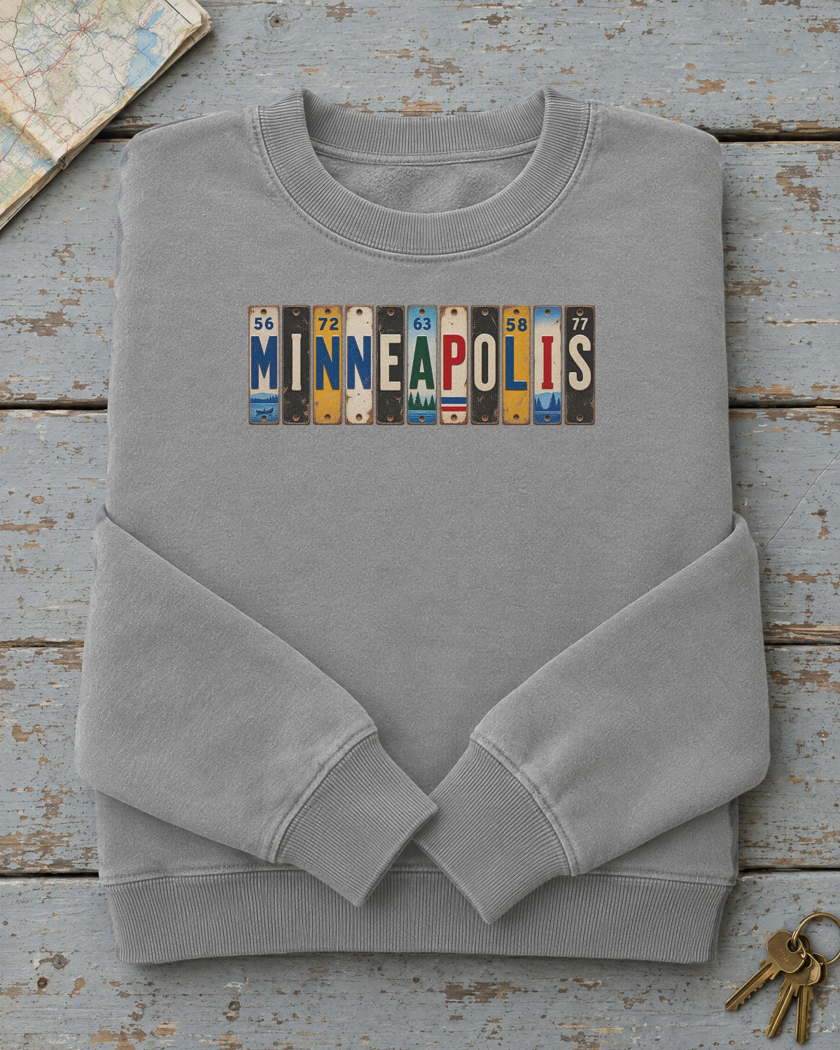 Minneapolis, Minnesota vintage license plate sweatshirt in Grey