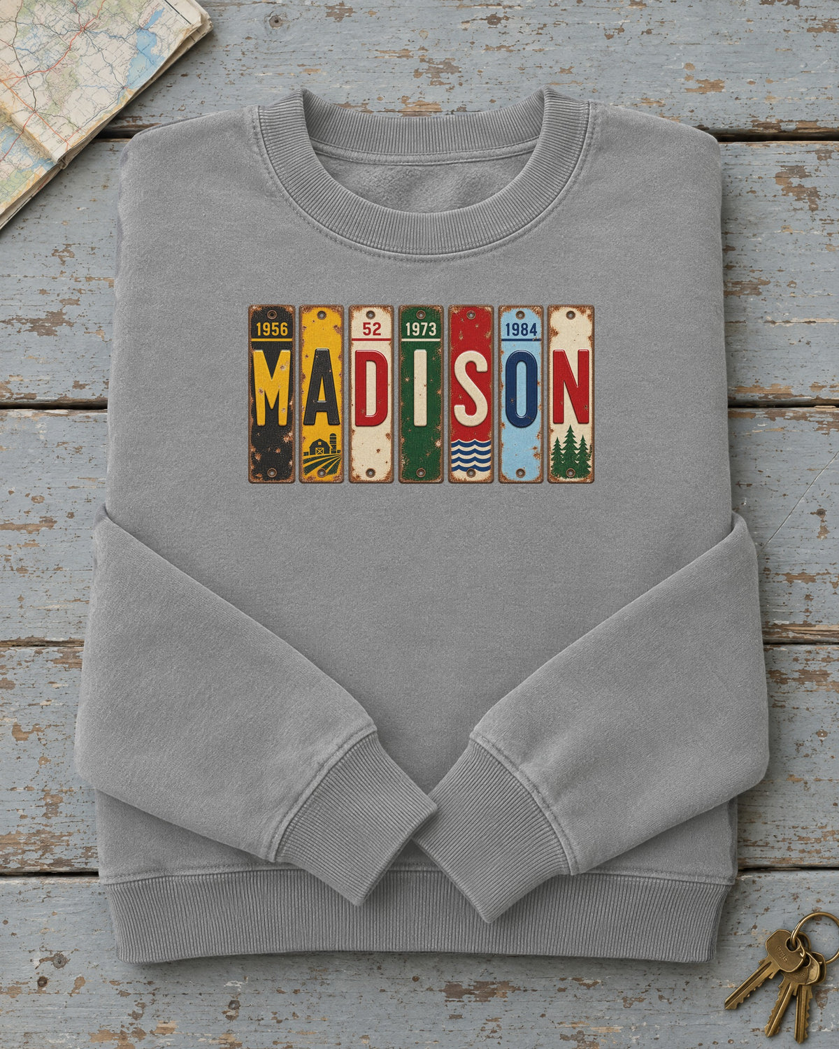Madison, Wisconsin vintage license plate sweatshirt in Grey