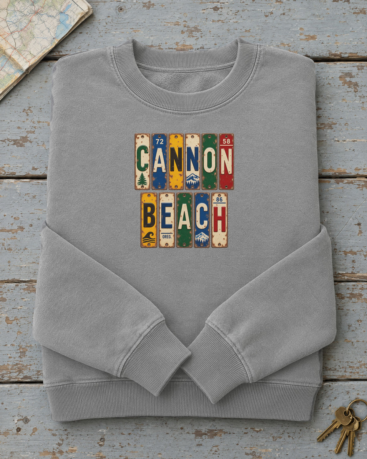 Cannon Beach, Oregon vintage license plate sweatshirt in Grey
