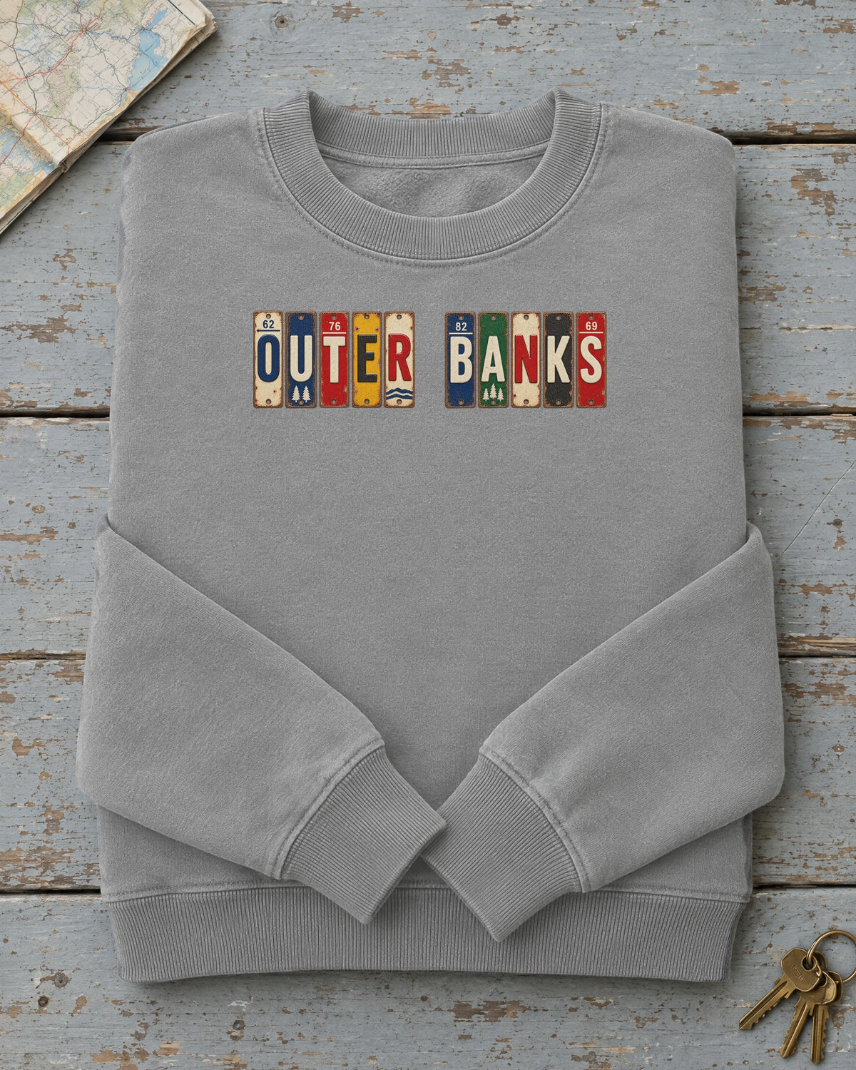 Outer Banks, North Carolina vintage license plate sweatshirt in Grey