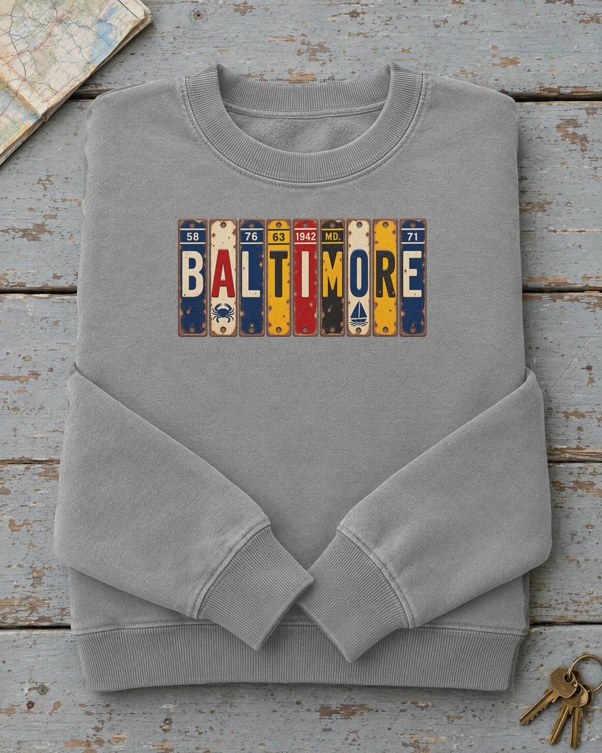 Baltimore, Maryland vintage license plate sweatshirt in Grey