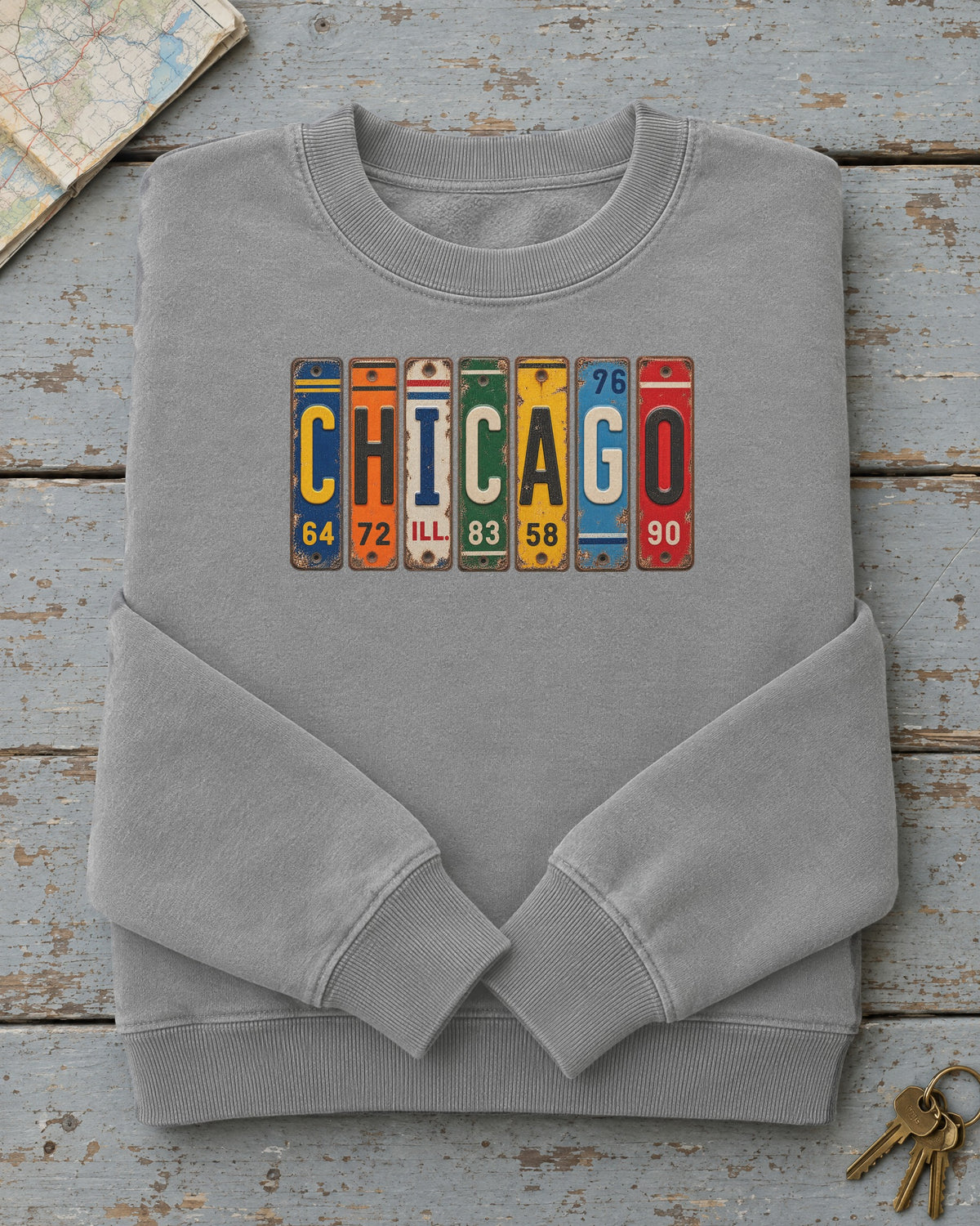 Chicago, Illinois vintage license plate sweatshirt in Grey