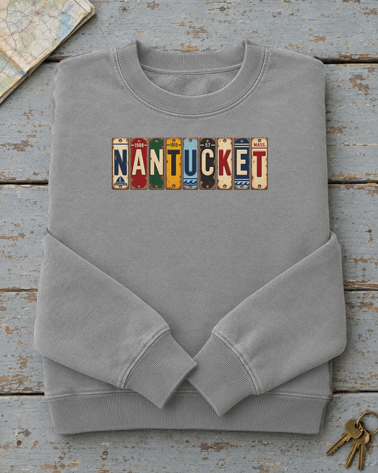 Nantucket, Massachusetts vintage license plate sweatshirt in Grey