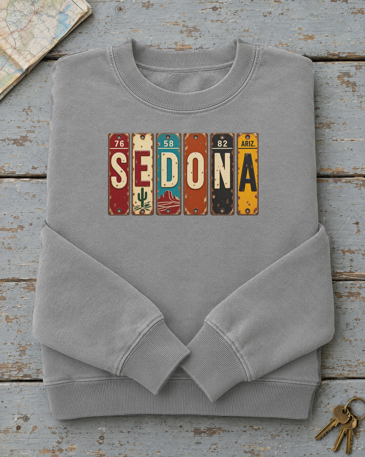 Sedona, Arizona vintage license plate sweatshirt in Grey