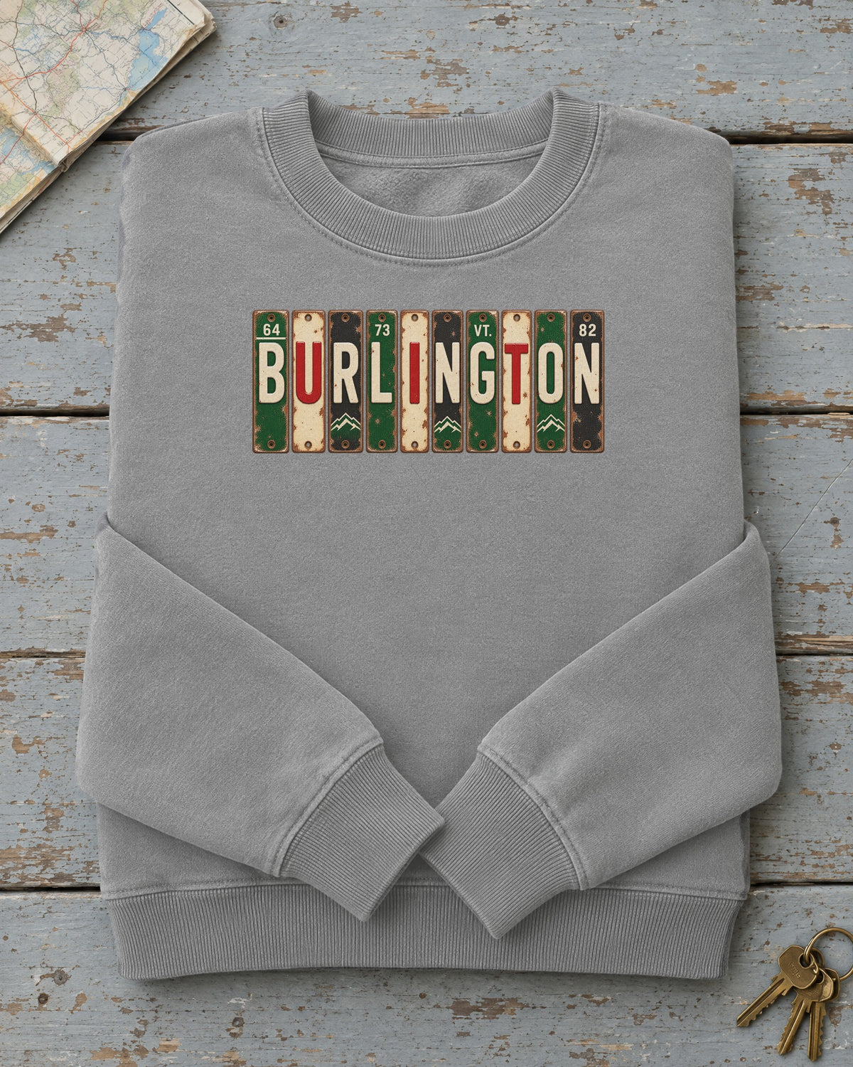 Burlington, Vermont vintage license plate sweatshirt in Grey