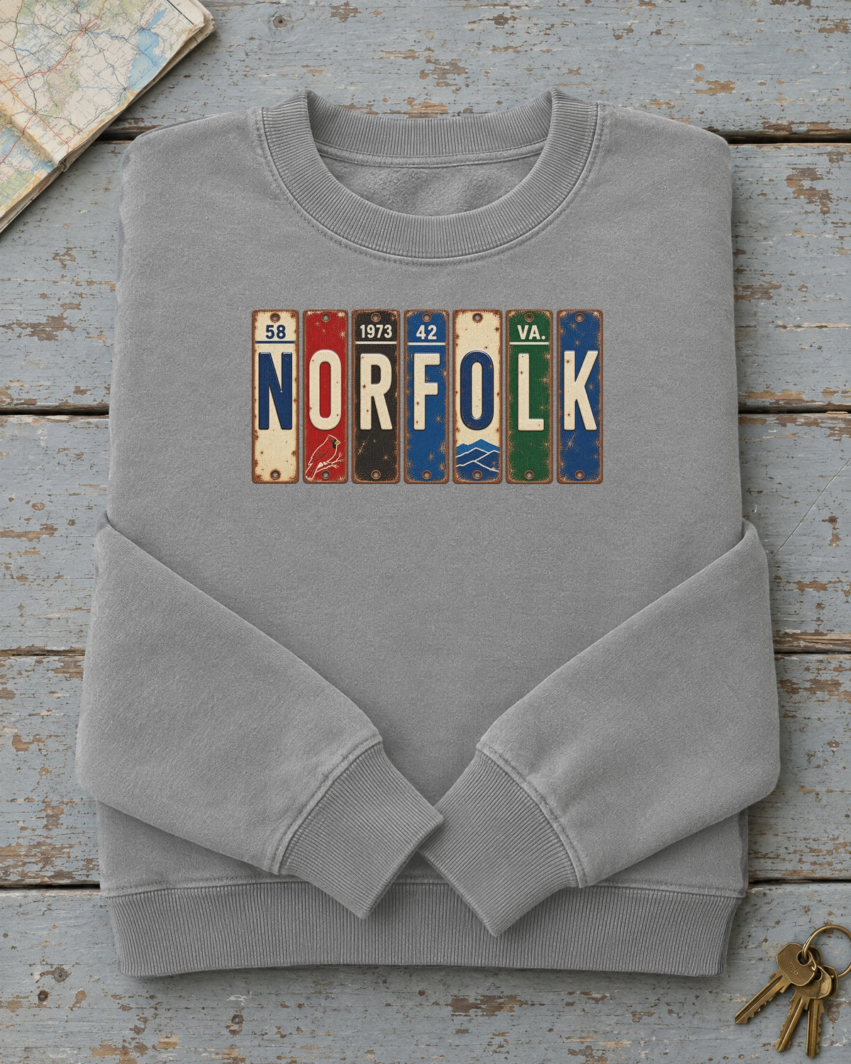Norfolk, Virginia vintage license plate sweatshirt in Grey