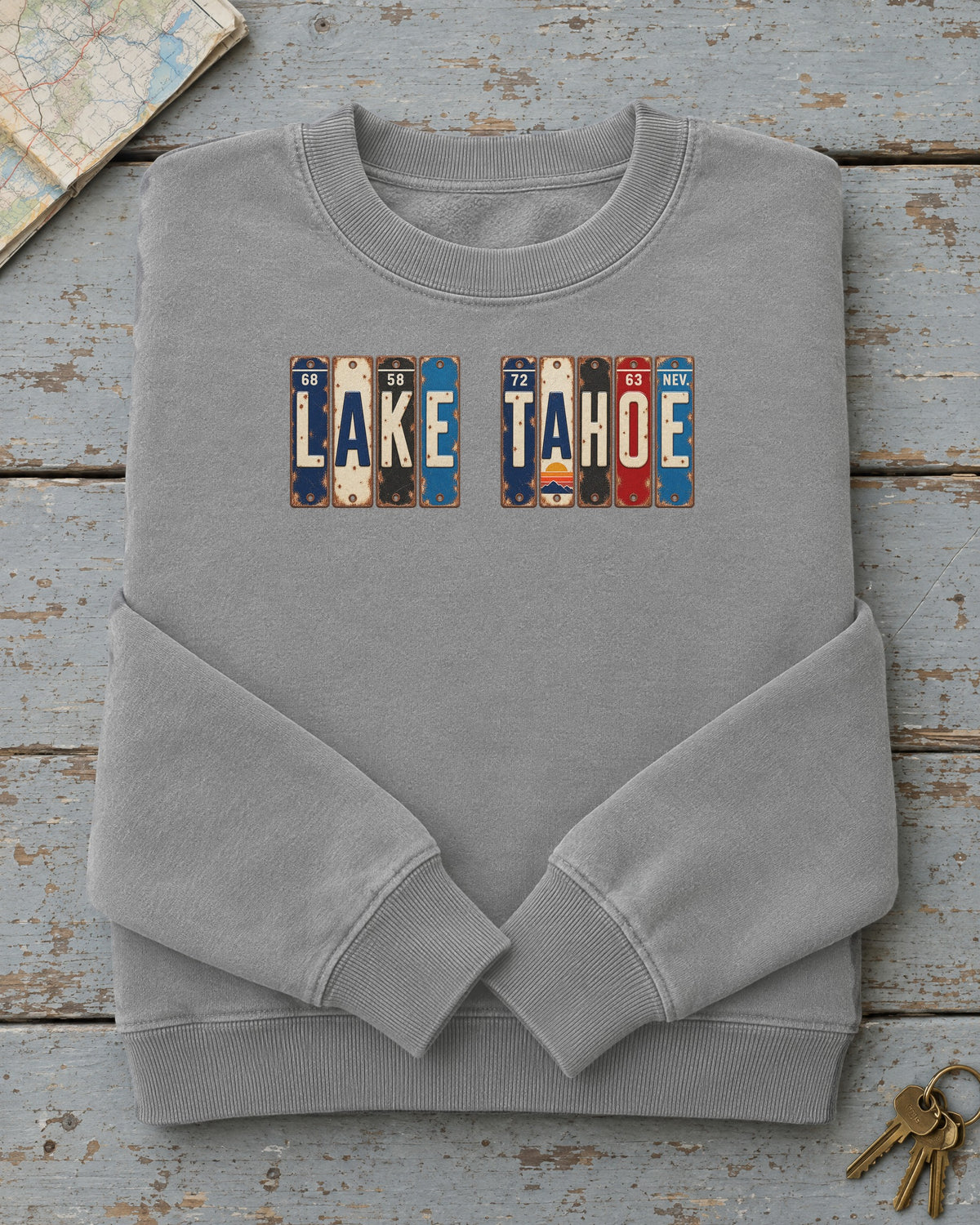 Lake Tahoe, Nevada vintage license plate sweatshirt in Grey