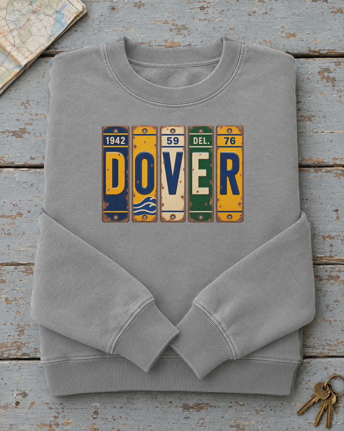 Dover, Delaware vintage license plate sweatshirt in Grey