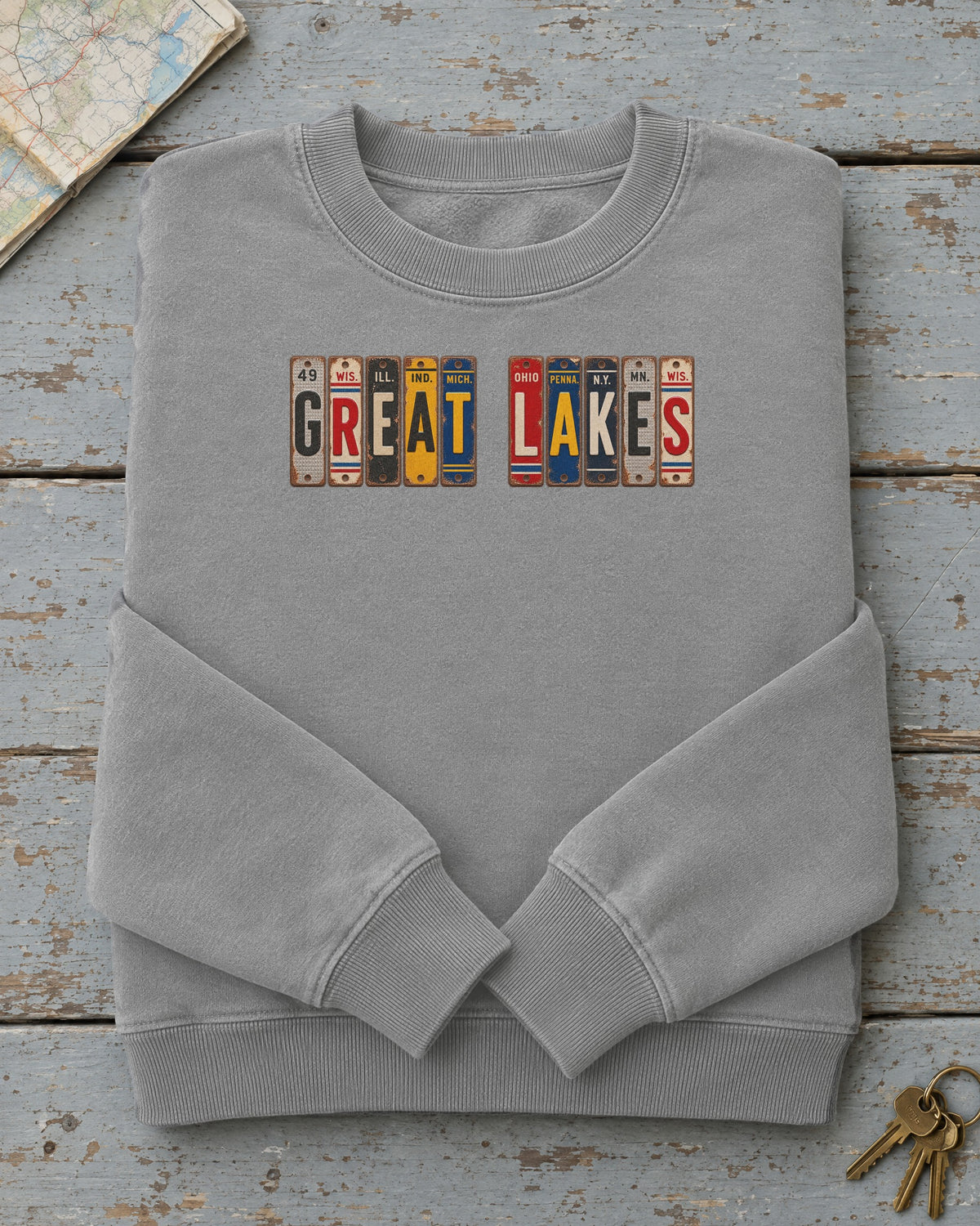 Great Lakes vintage license plate sweatshirt in Grey