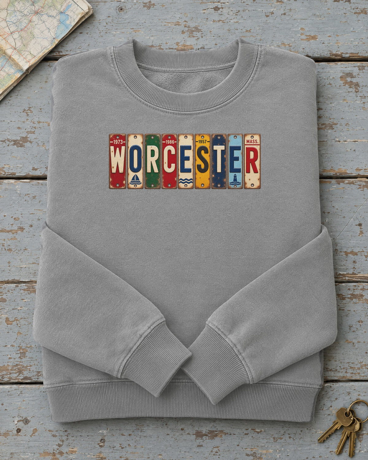 Worcester, Massachusetts vintage license plate sweatshirt in Grey
