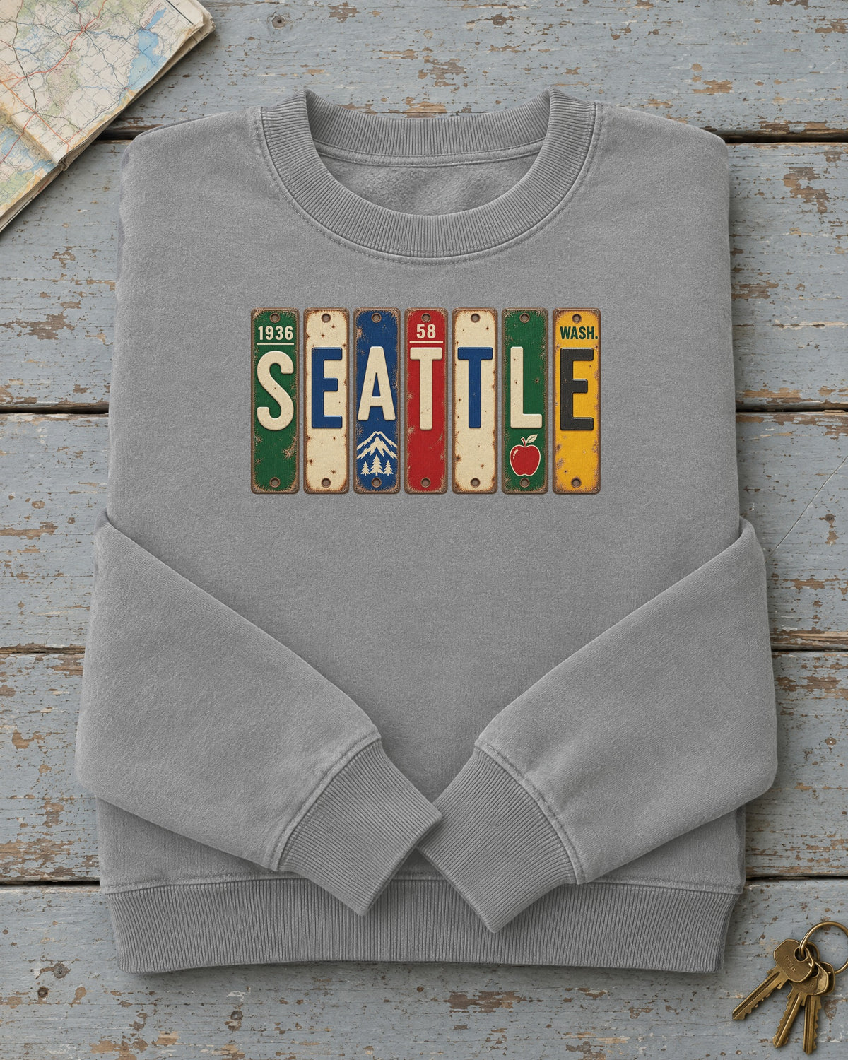 Seattle, Washington vintage license plate sweatshirt in Grey