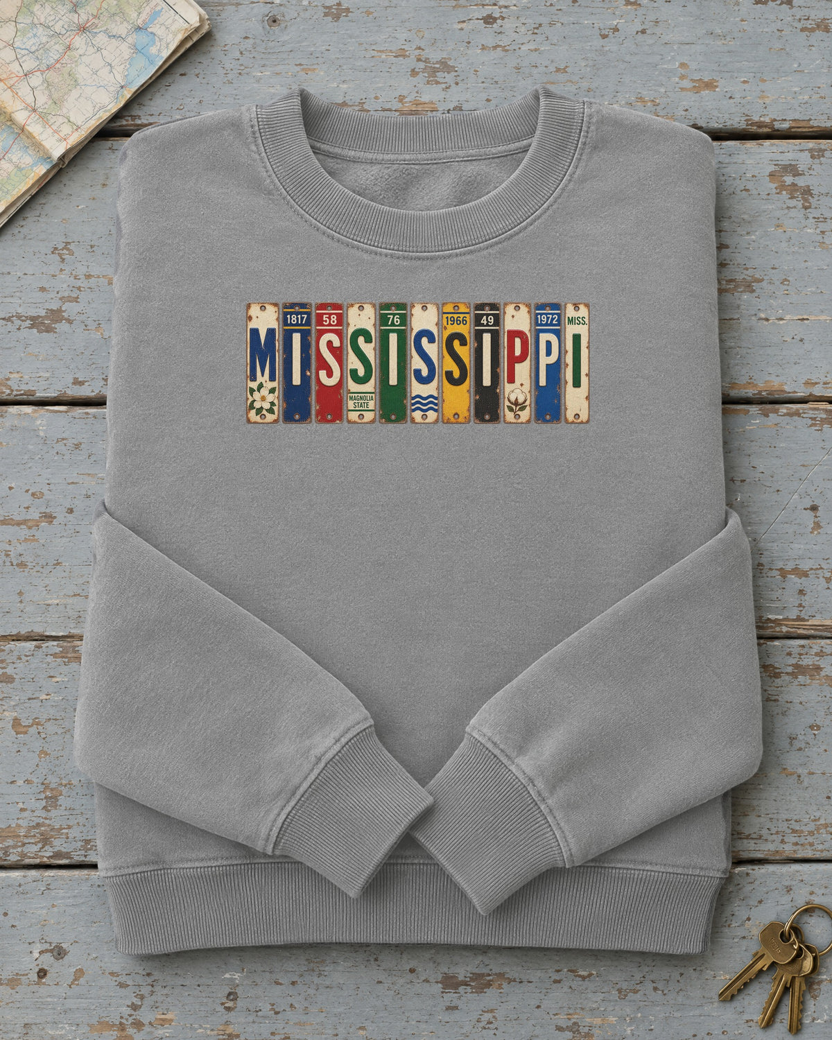 Mississippi vintage license plate sweatshirt in Grey
