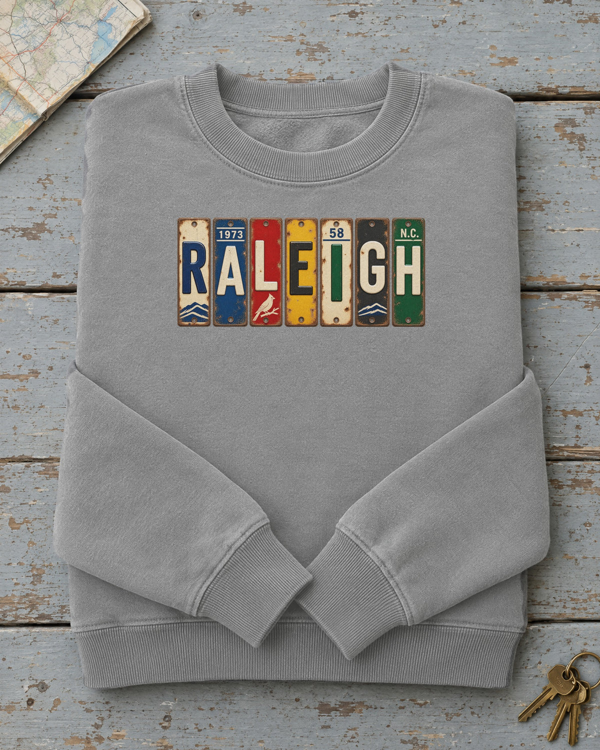 Raleigh, North Carolina vintage license plate sweatshirt in Grey