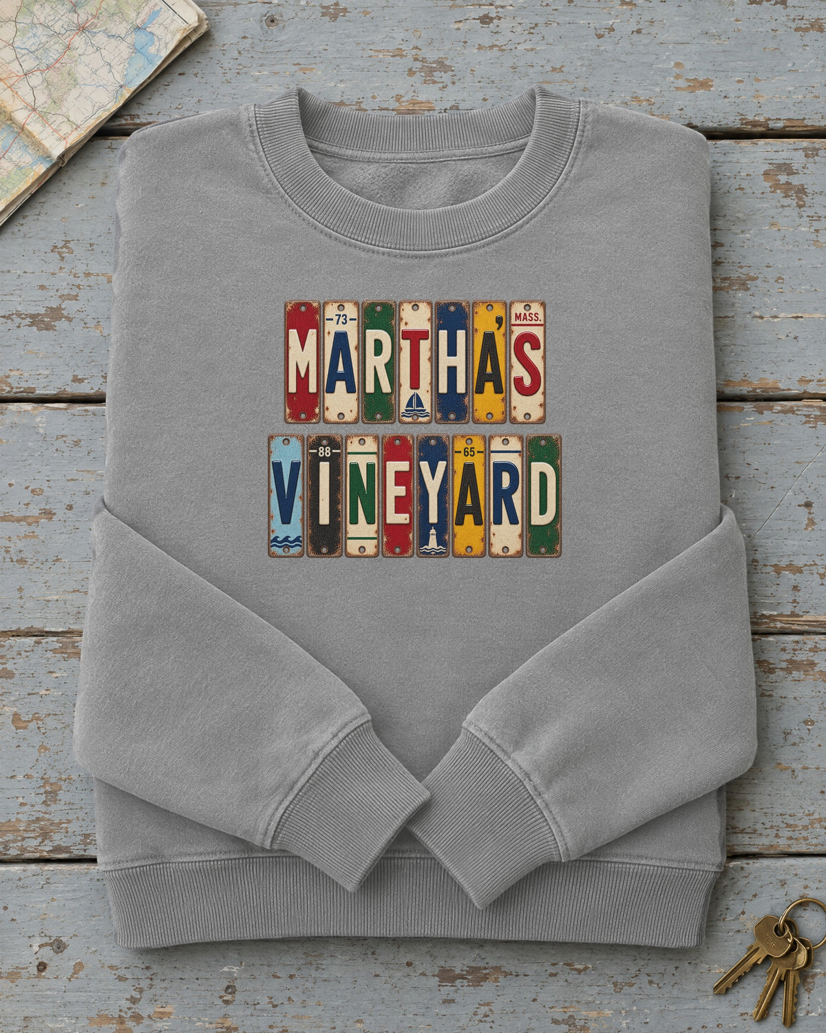 Martha's Vineyard, Massachusetts vintage license plate sweatshirt in Grey