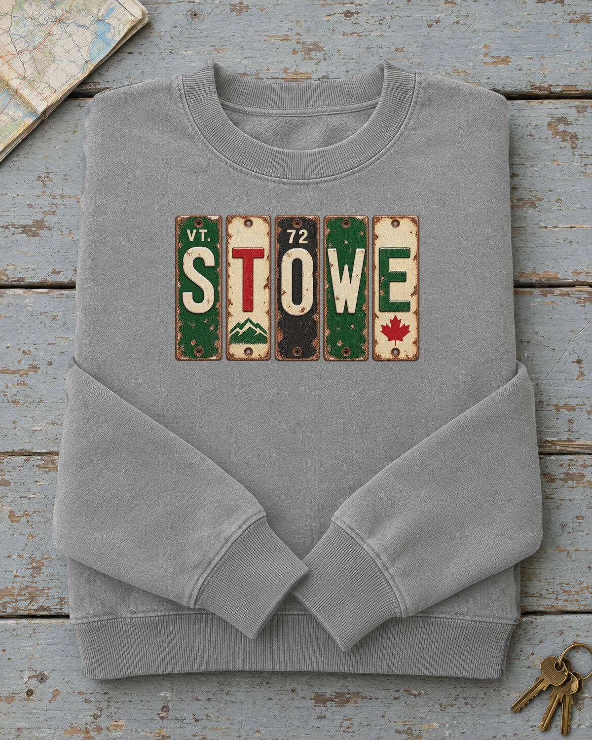 Stowe, Vermont vintage license plate sweatshirt in Grey