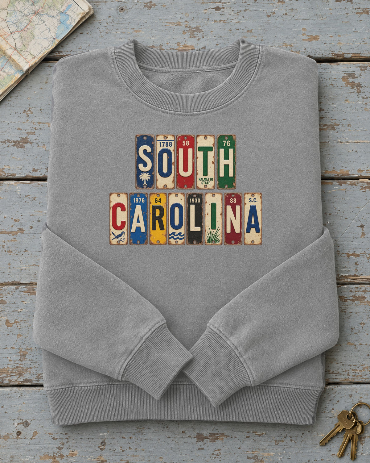 South Carolina vintage license plate sweatshirt in Grey