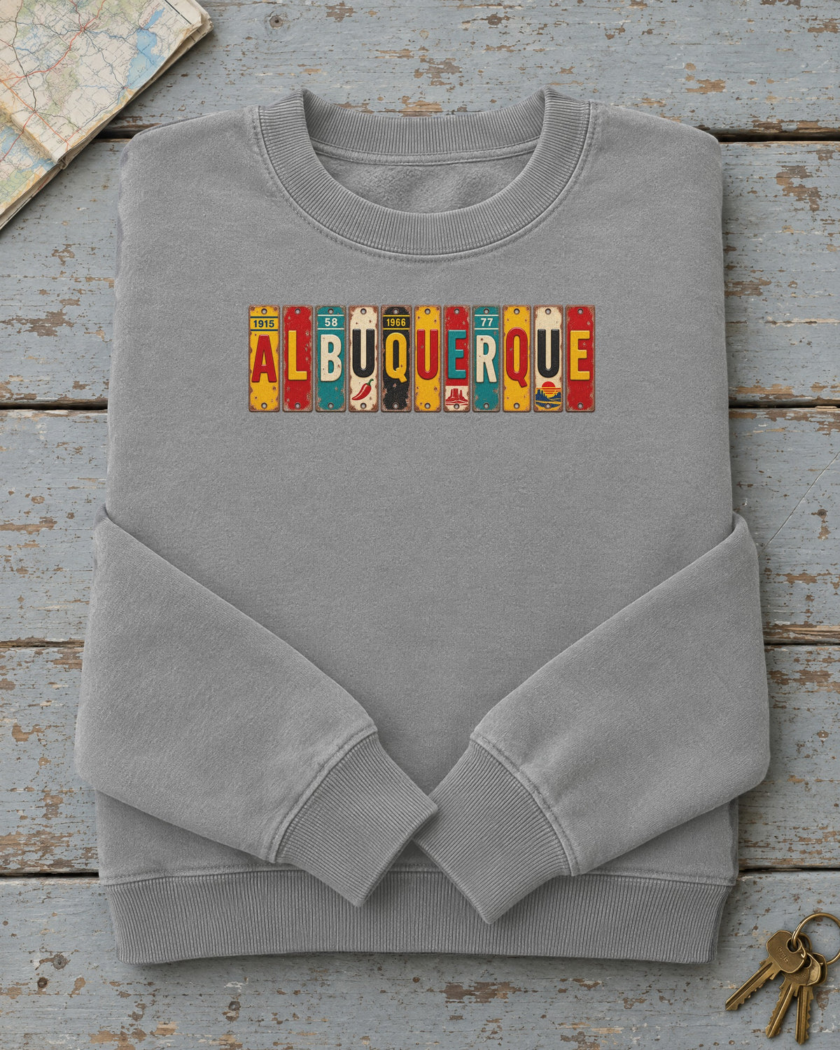 Albuquerque, New Mexico vintage license plate sweatshirt in Grey