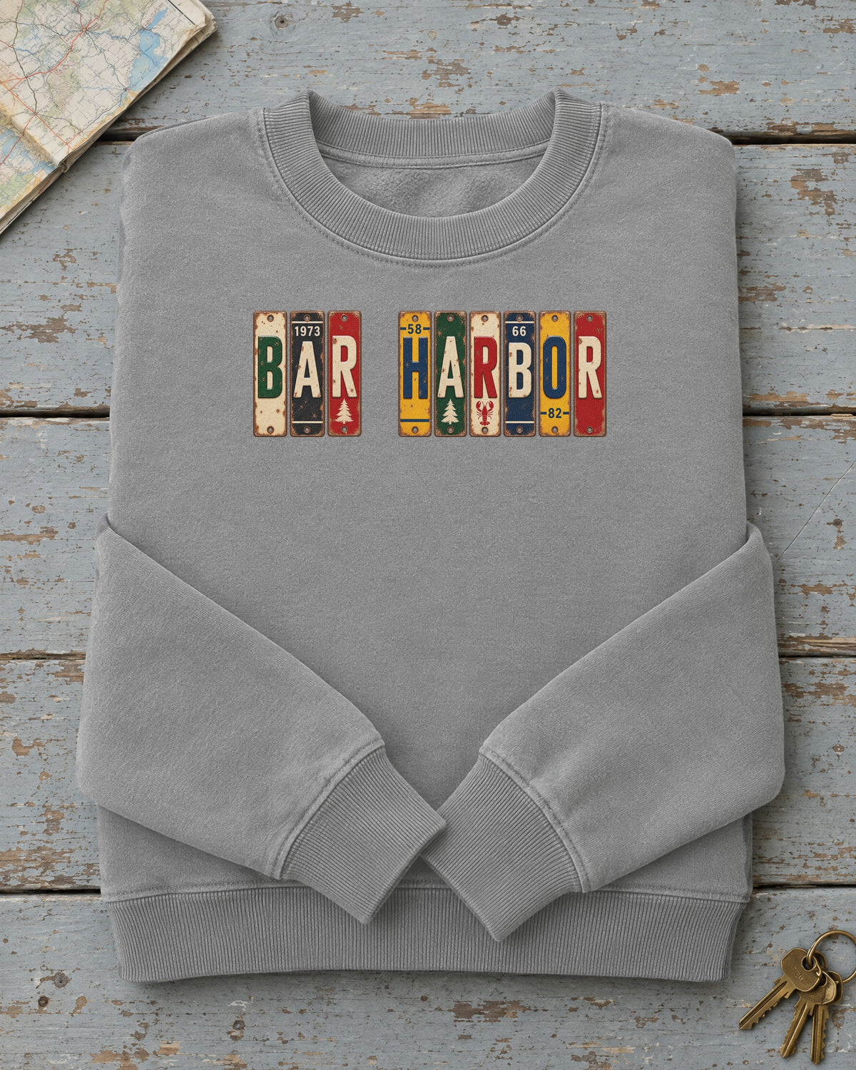 Bar Harbor, Maine vintage license plate sweatshirt in Grey