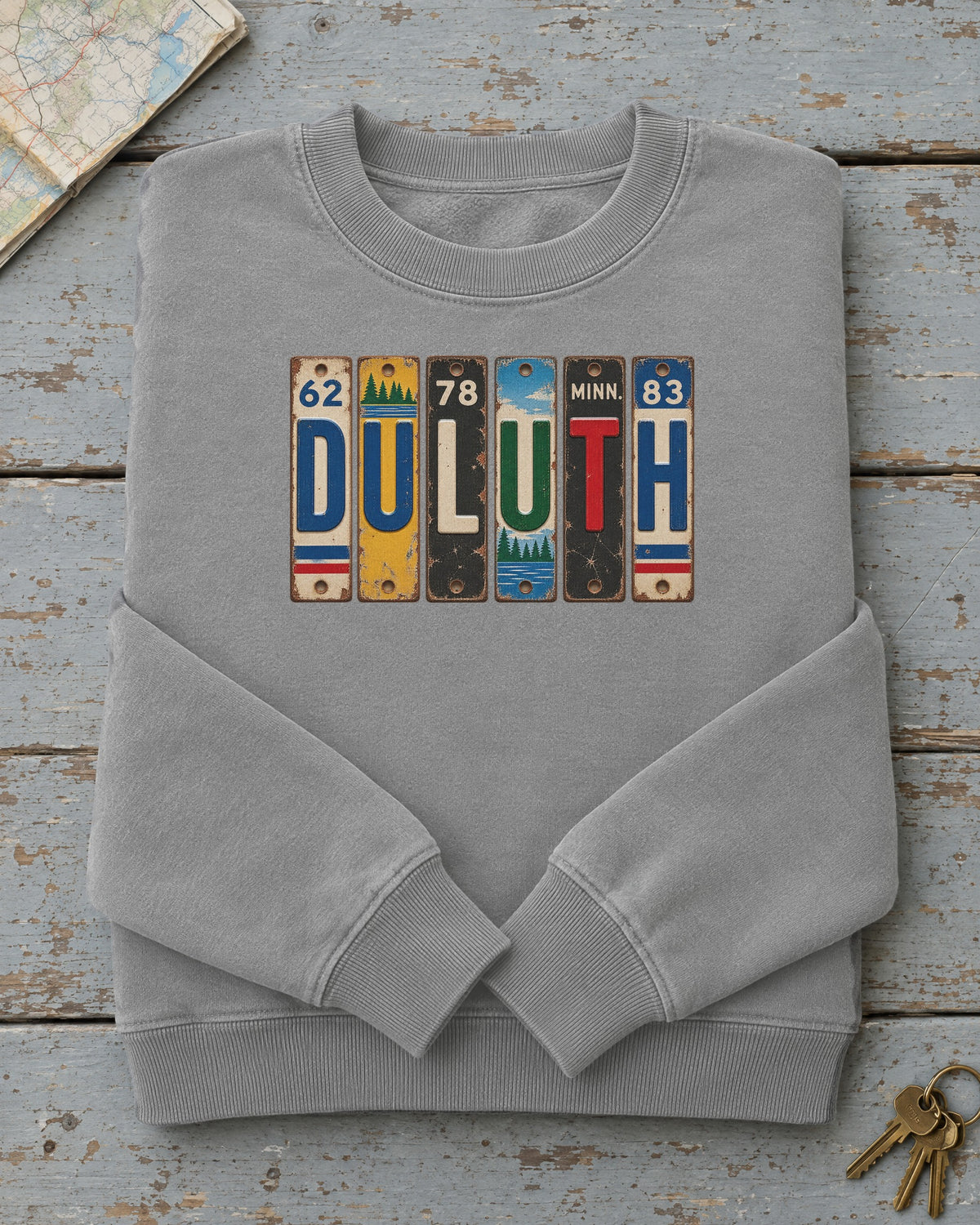 Duluth, Minnesota vintage license plate sweatshirt in Grey