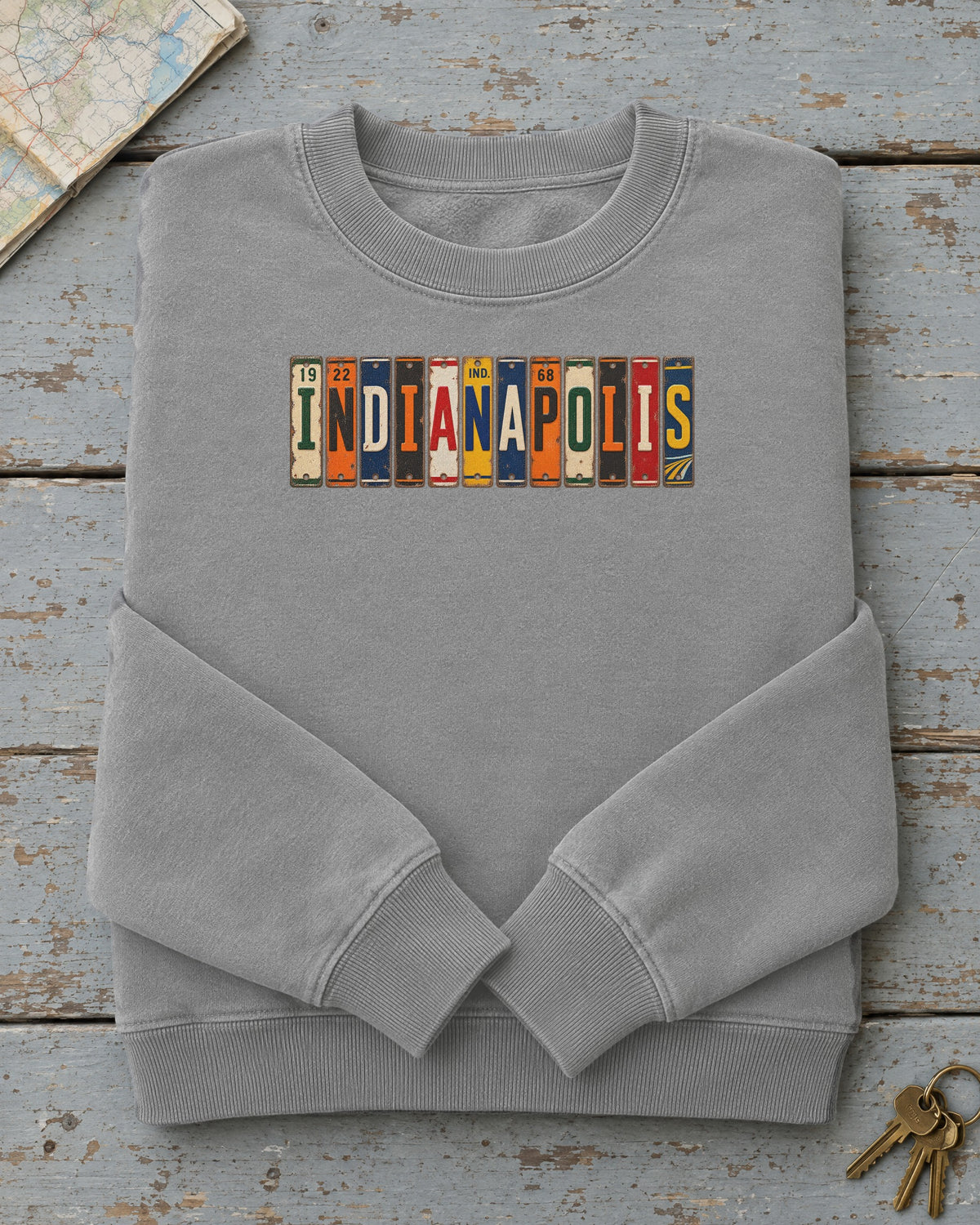 Indianapolis, Indiana vintage license plate sweatshirt in Grey