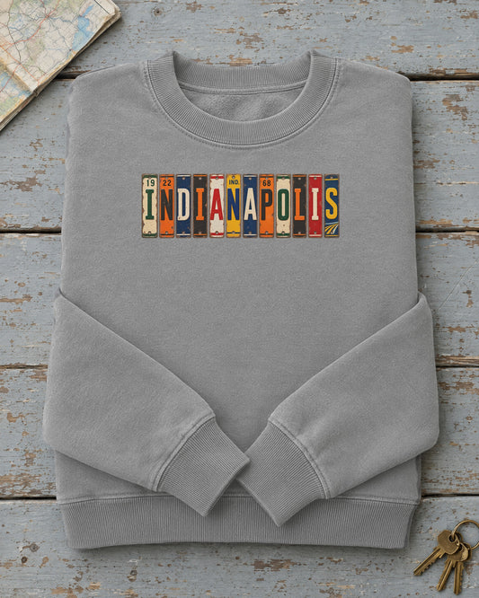 Indianapolis, Indiana vintage license plate sweatshirt in Grey