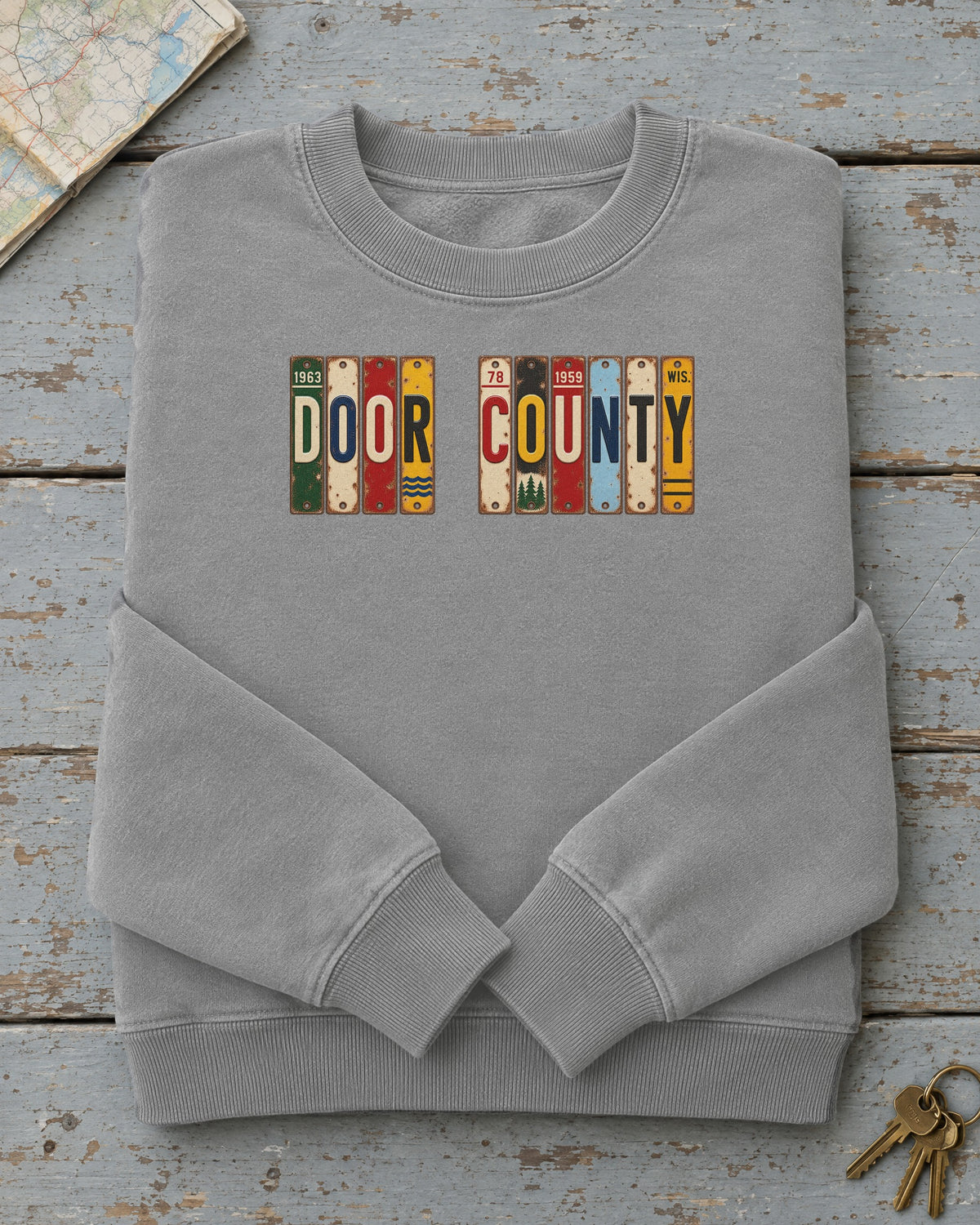 Door County, Wisconsin vintage license plate sweatshirt in Grey