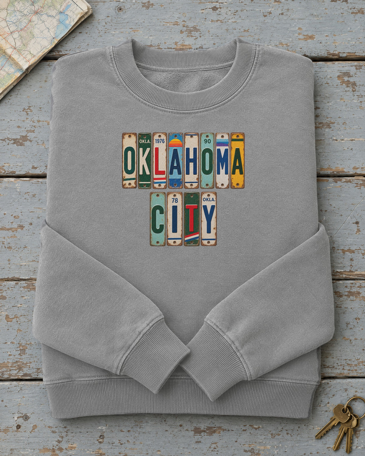 Oklahoma City, Oklahoma vintage license plate sweatshirt in Grey