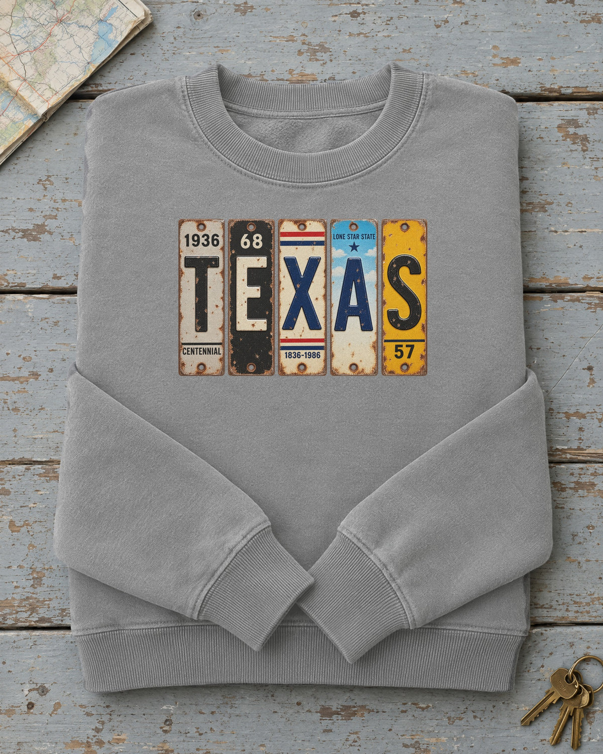 Texas vintage license plate sweatshirt in Grey