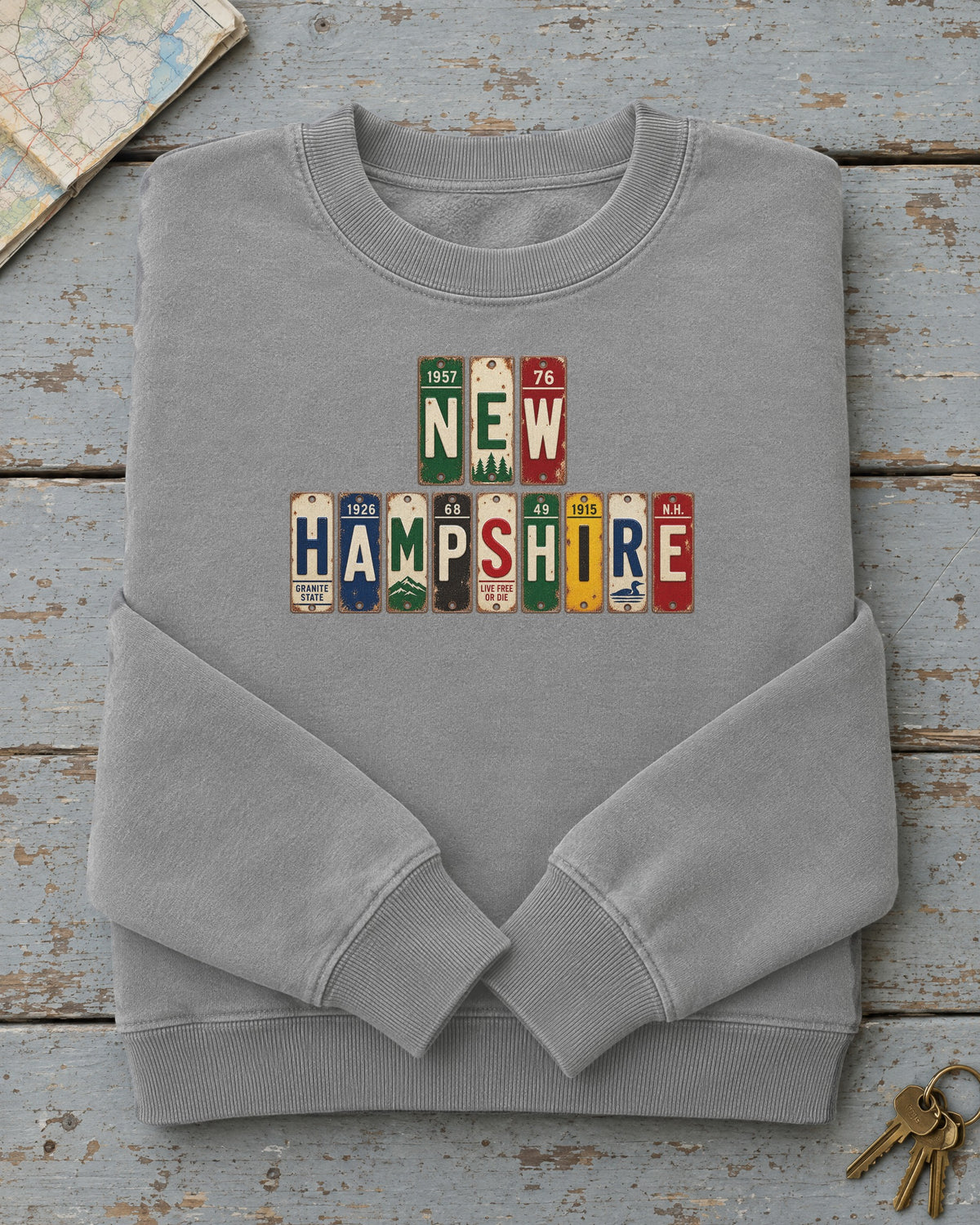 New Hampshire vintage license plate sweatshirt in Grey