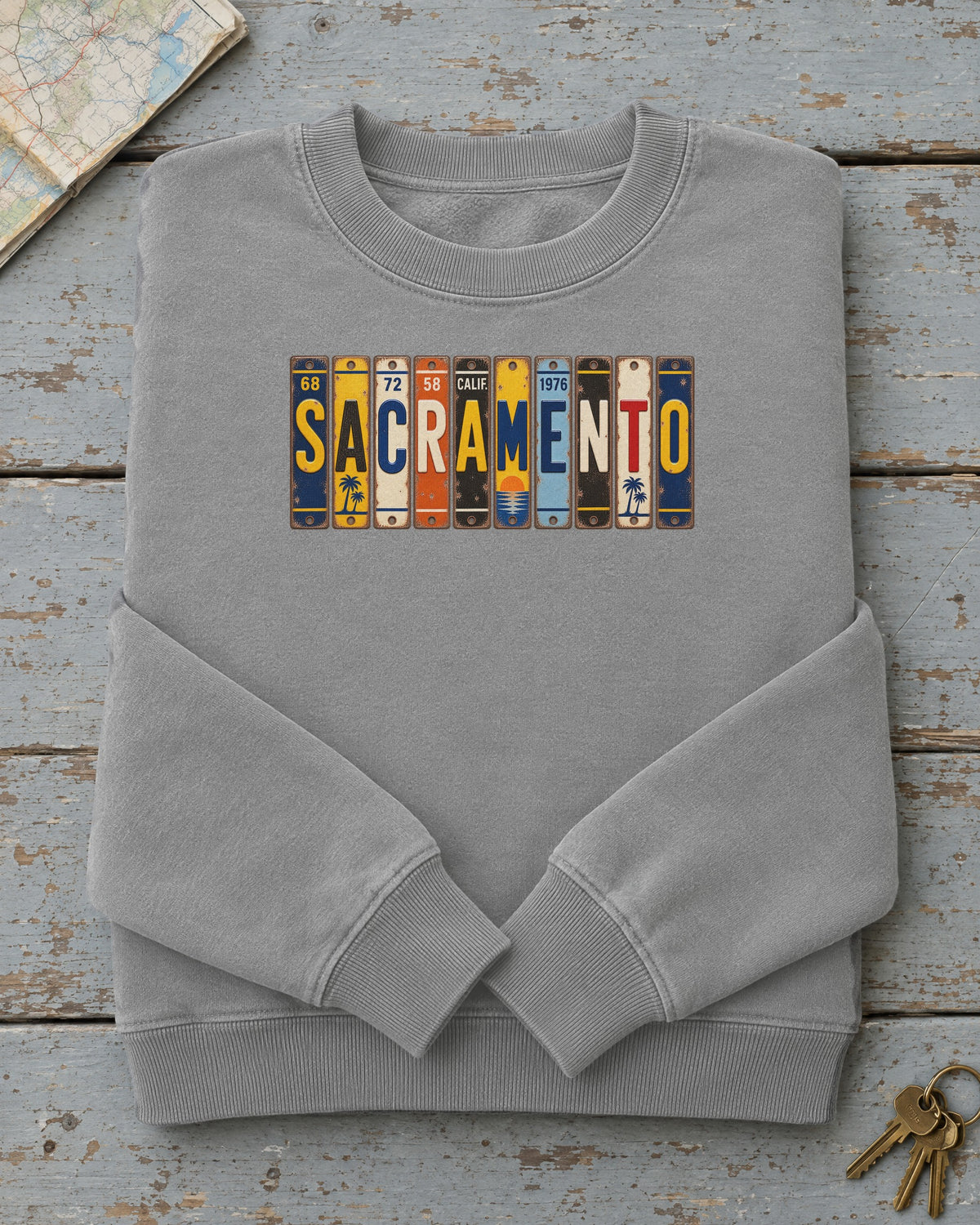 Sacramento, California vintage license plate sweatshirt in Grey