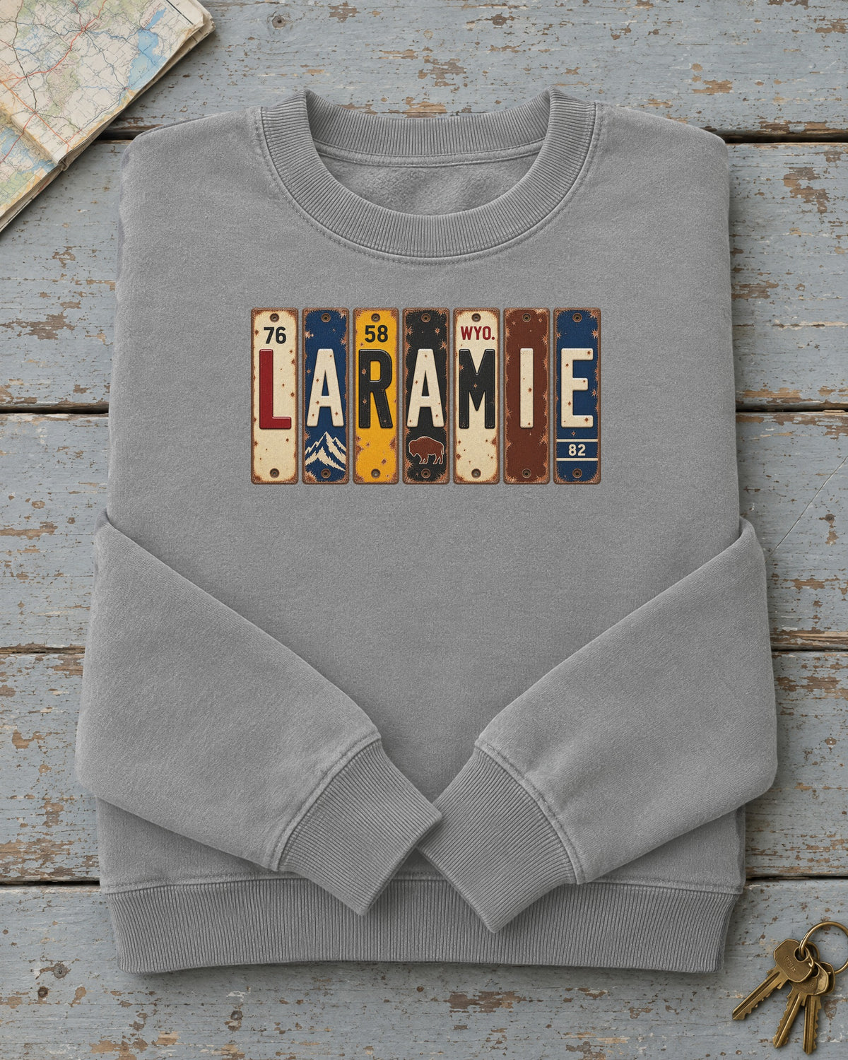 Laramie, Wyoming vintage license plate sweatshirt in Grey